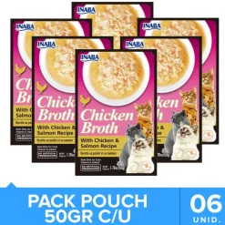 Inaba Churu Broth Pouch Gatos Sabor Pollo y Salmón 50gr Pack 6 Unidades