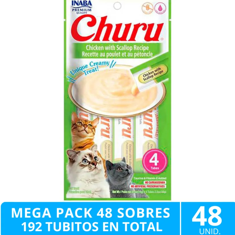 Mega Pack 48 Sobres Inaba Ciao Churu Pollo y Ostiones (192 Tubitos)