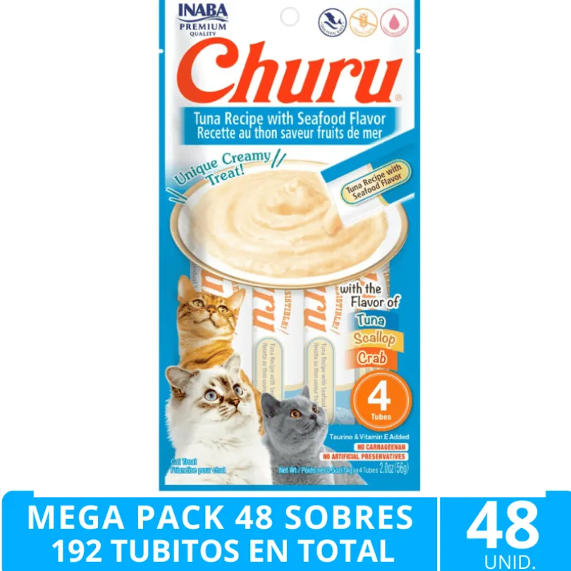 Mega Pack 48 Sobres Inaba Ciao Churu Atún y Mariscos (192 Tubitos)
