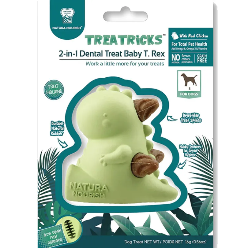 Natura Nourish Treatricks Treat Bebe T-Rex Juguete con premios sabor pollo para perros
