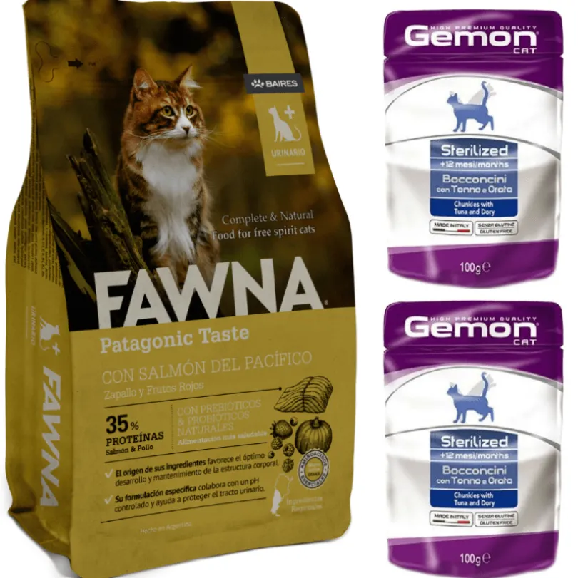 Pack Gato Urinario Fawna 7,5kg + 2 Pouch Gemon Gato Esterilizado Regalo