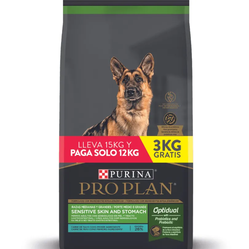 Pro Plan Para Perros Sensitive Skin and Stomach Pavo Razas Medianas y Grandes 12 kg + 3 kg